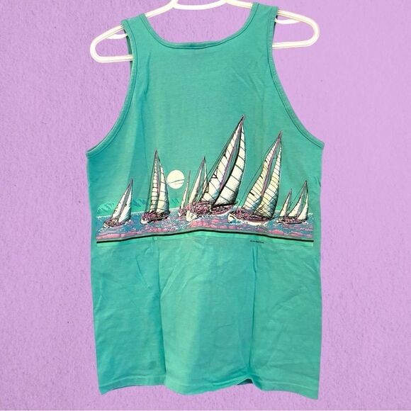Vintage 1990 California tank top turquoise with sail boats - Picture 3 of 8